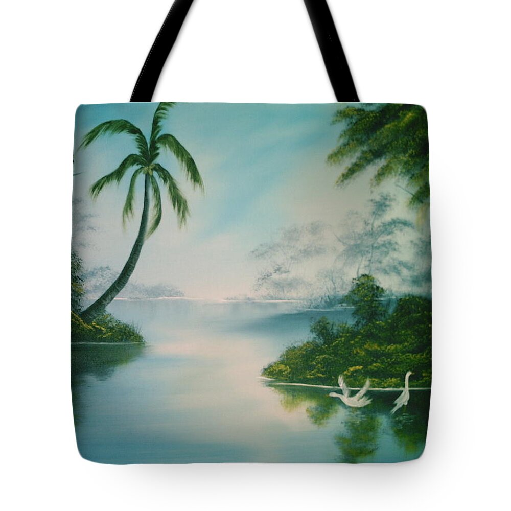 Tropical Island Tote Bag featuring the painting Tropical Lagoon by Jim Saltis