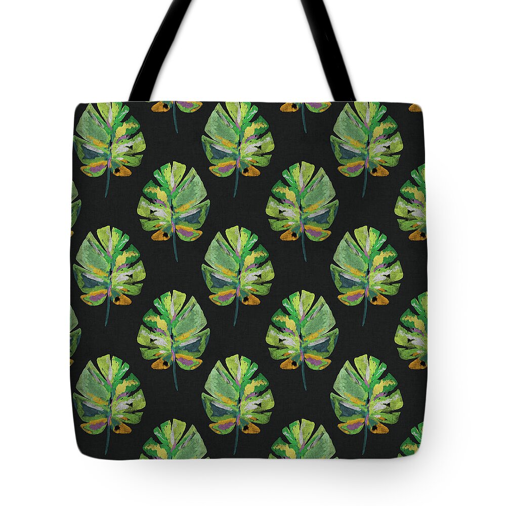 Palm Leaf Tote Bag featuring the mixed media Tropical Leaves On Black- Art by Linda Woods by Linda Woods