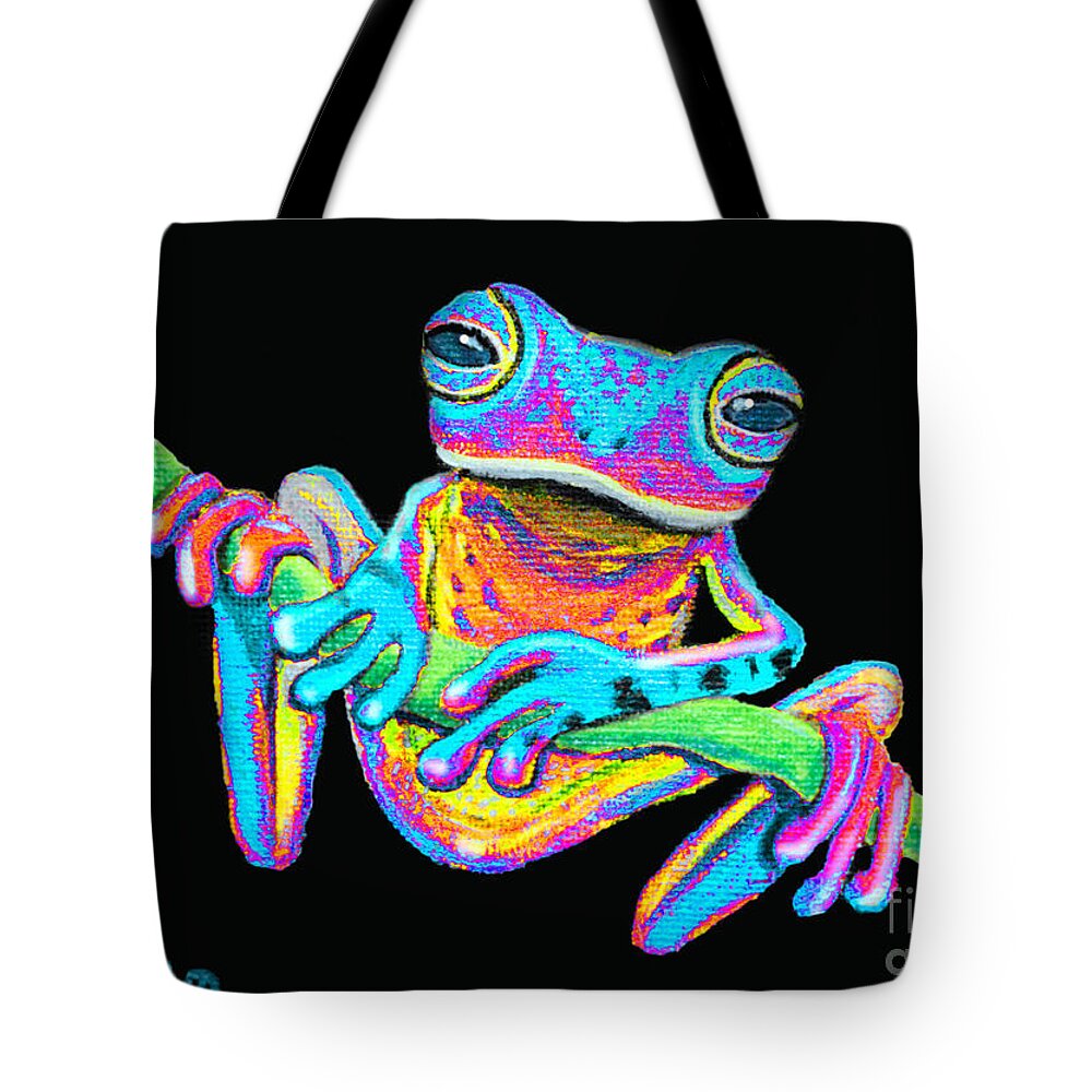 A Colorful Rainbow Frog On A Vine Tote Bag featuring the painting Tropical Rainbow frog on a vine by Nick Gustafson