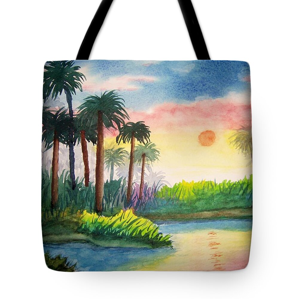 Landscape Tote Bag featuring the painting Tropical Sunrise by B Kathleen Fannin