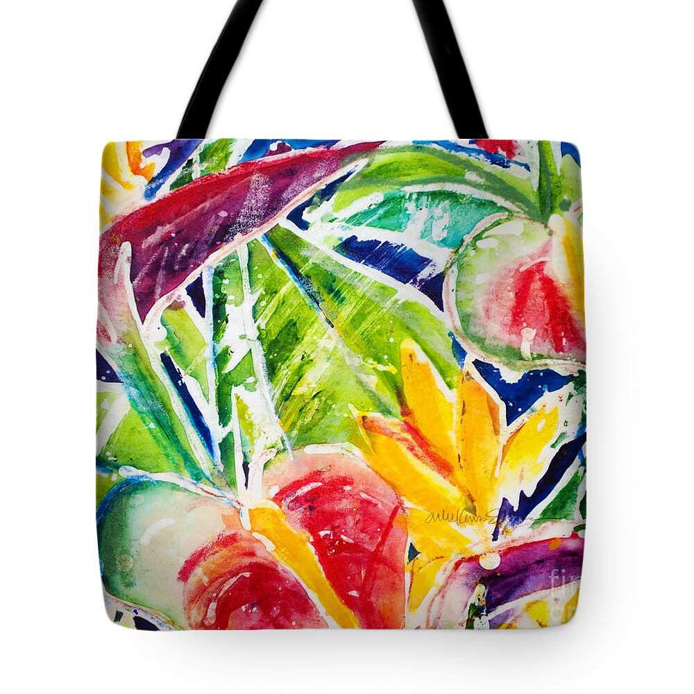 Acrylic Tote Bag featuring the painting Tropics - Floral by Julie Kerns Schaper - Printscapes