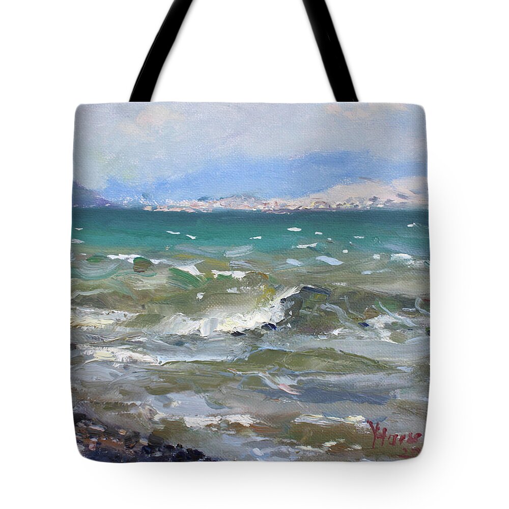 Aegean Sea Tote Bag featuring the painting Troubled Aegean Sea Greece by Ylli Haruni
