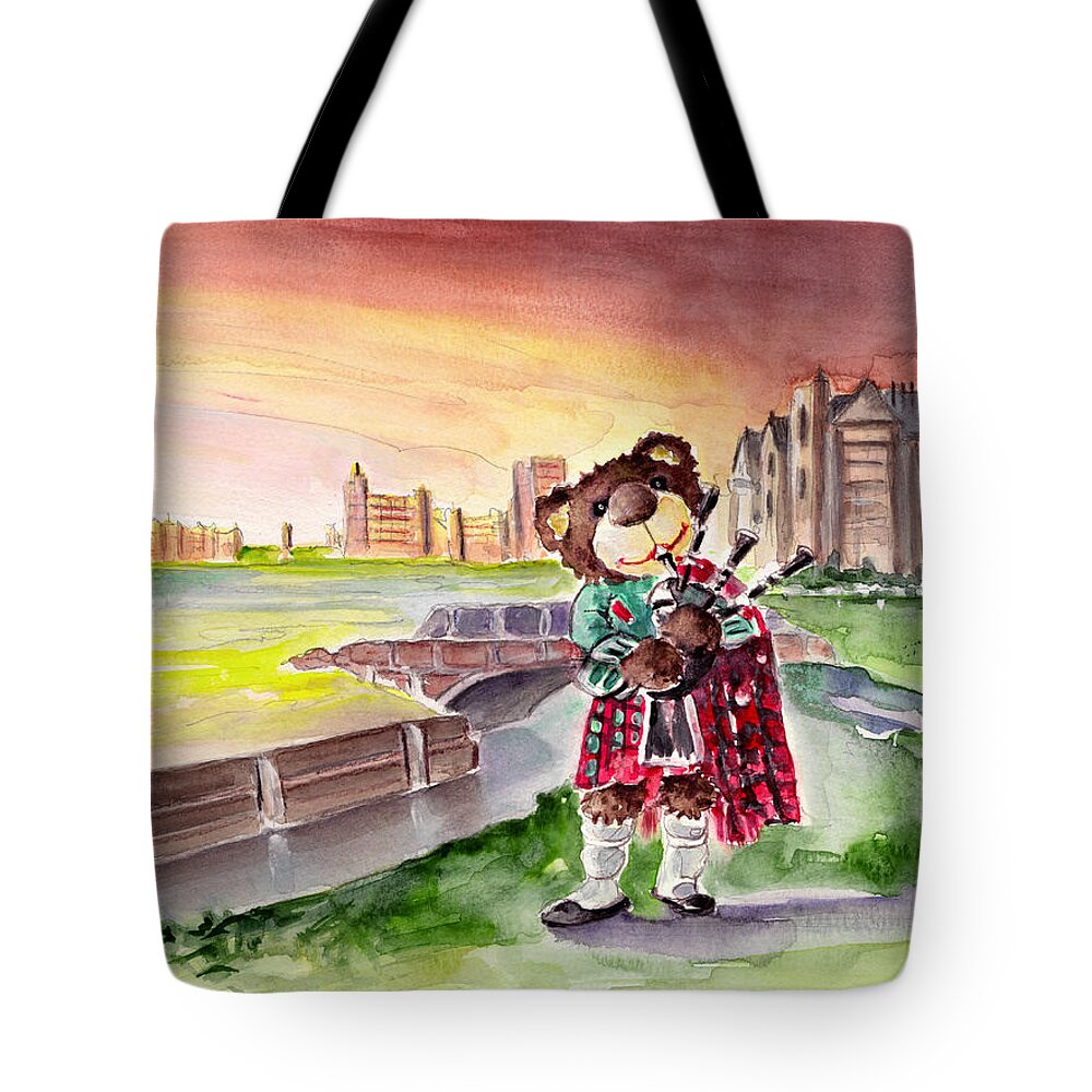 Animals Tote Bag featuring the painting Truffle McFurry Playing The Bagpipes At St Andrews by Miki De Goodaboom