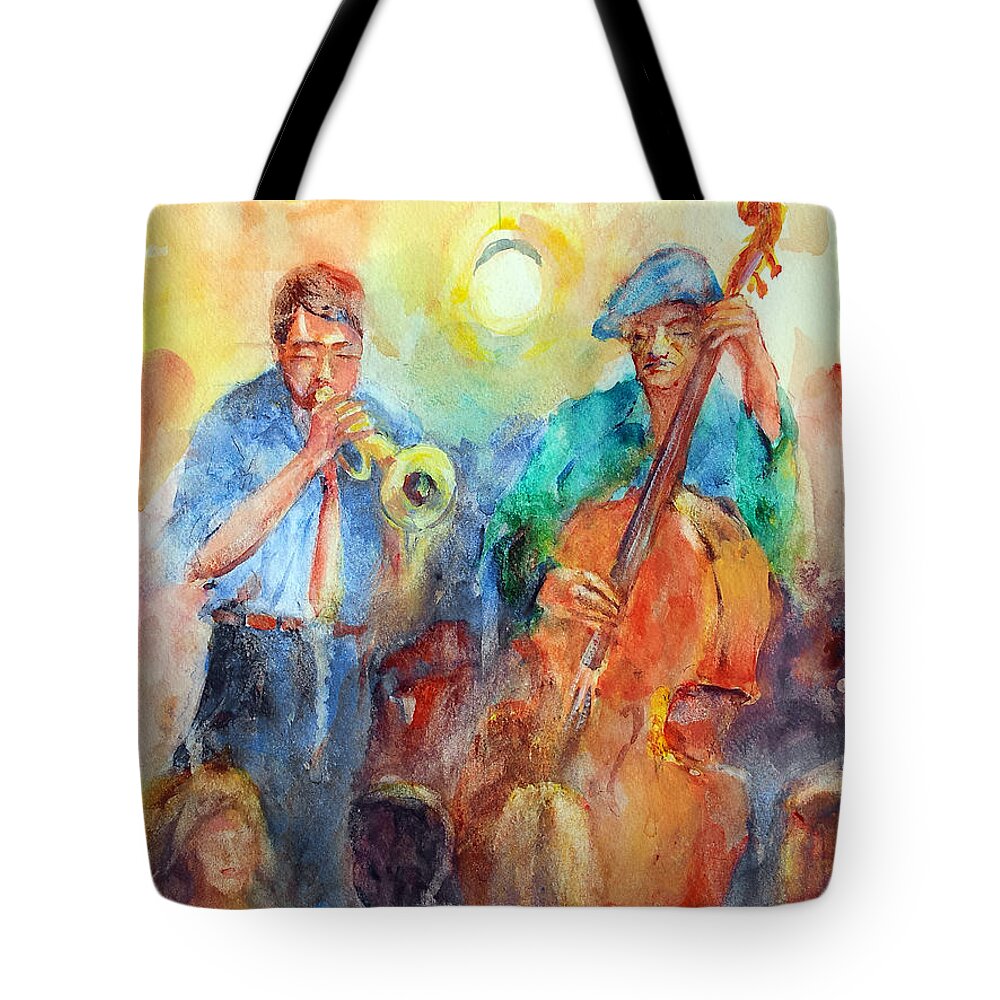 Music Tote Bag featuring the painting Trumpet And Contrabass by Faruk Koksal