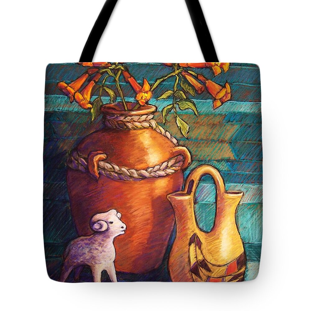 Still Life Tote Bag featuring the pastel Trumpet Vines and Pottery by Candy Mayer