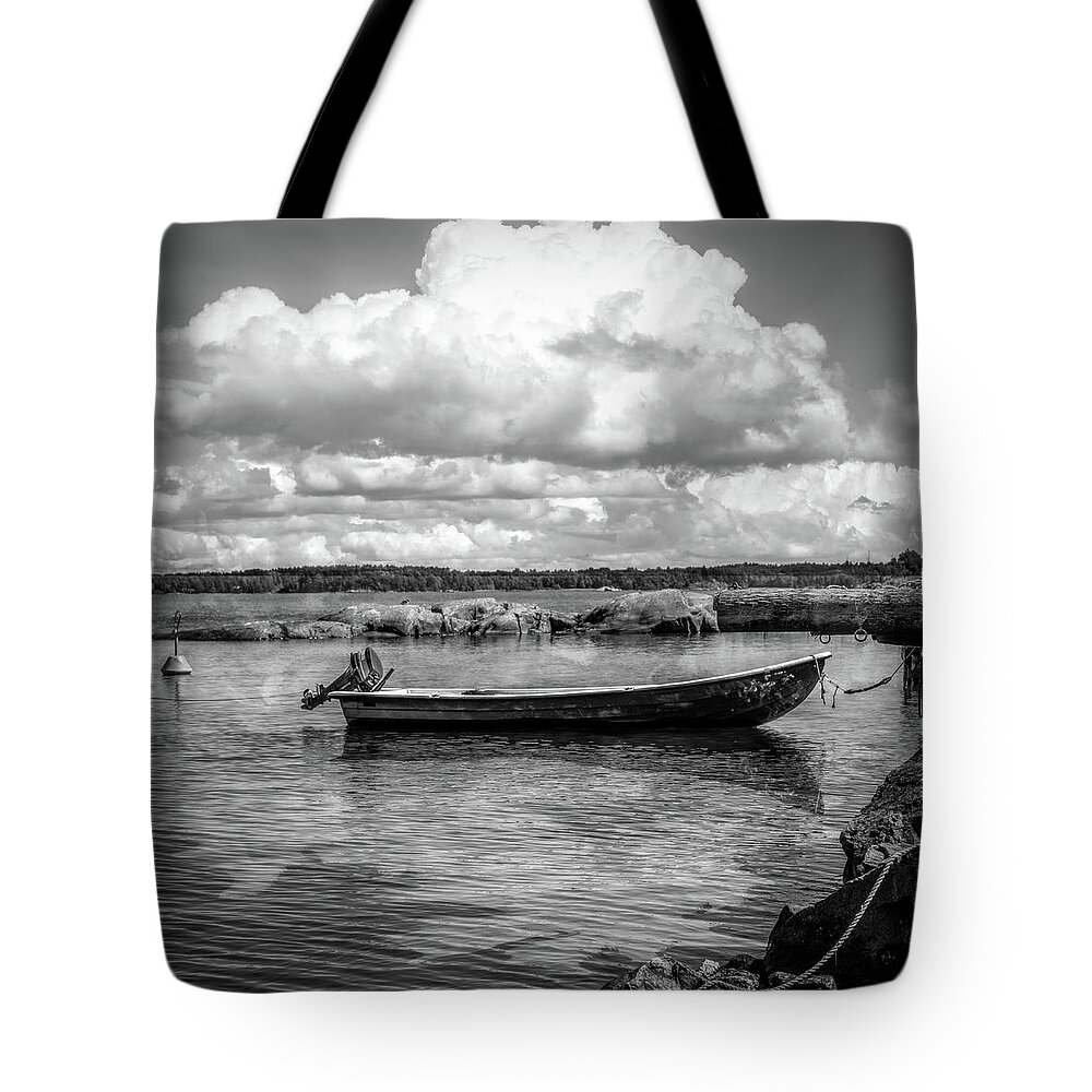 Boats Tote Bag featuring the photograph Tucked in the Harbor in Black and White by Debra and Dave Vanderlaan