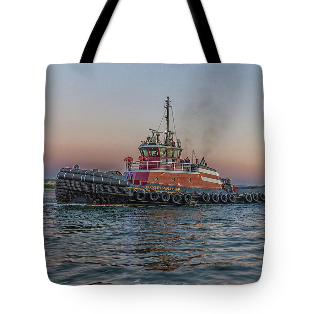 Tugboat Buckley Mcallister At Sunset Tote Bag featuring the photograph Tugboat Buckley McAllister At Sunset by Brian MacLean