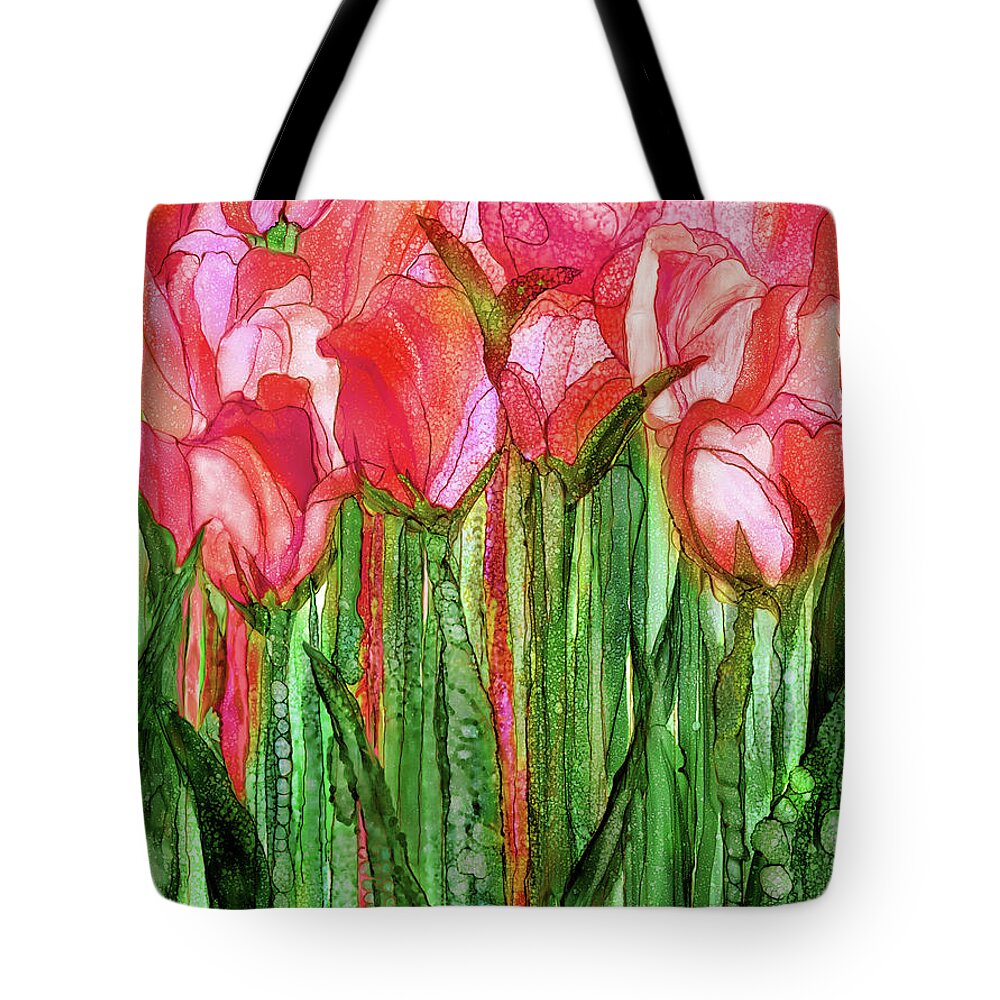 Carol Cavalaris Tote Bag featuring the mixed media Tulip Bloomies 1 - Red by Carol Cavalaris