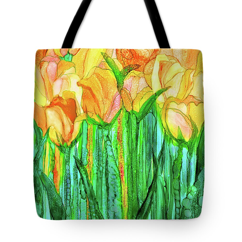 Carol Cavalaris Tote Bag featuring the mixed media Tulip Bloomies 1 - Yellow by Carol Cavalaris