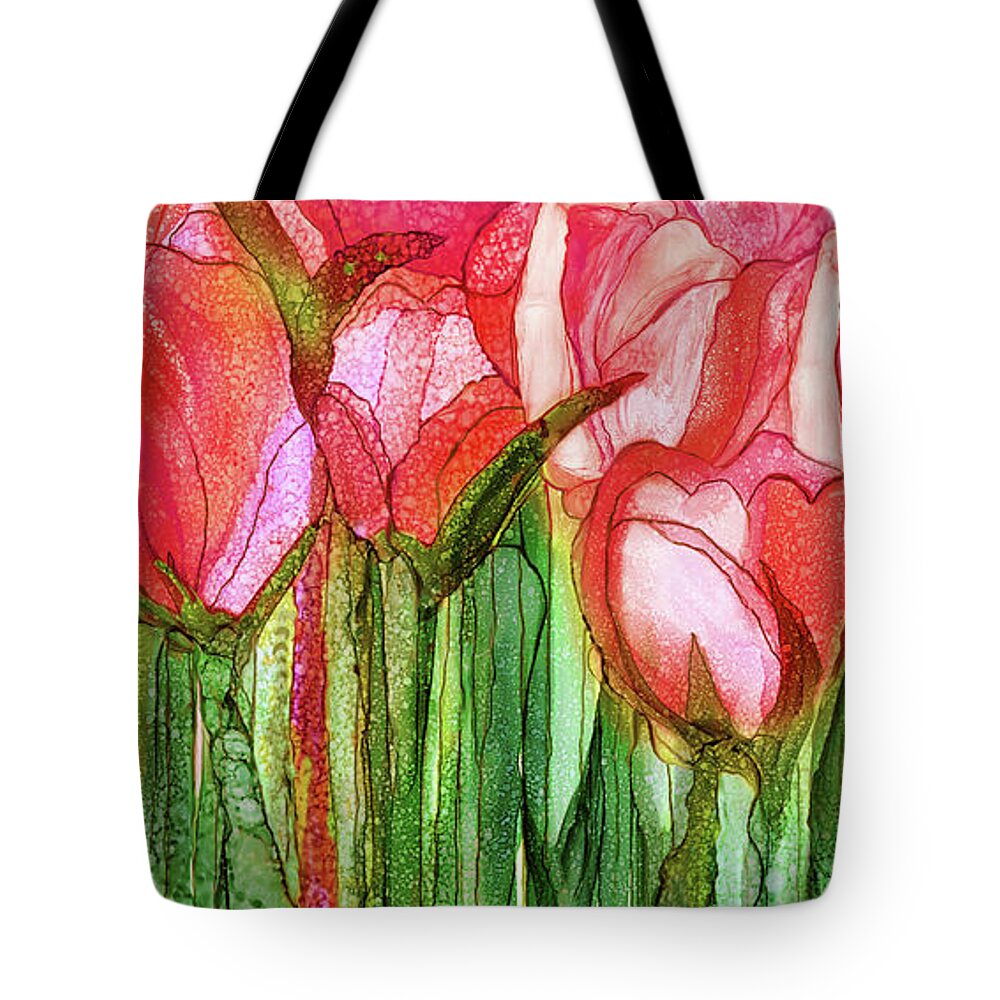 Carol Cavalaris Tote Bag featuring the mixed media Tulip Bloomies 4 - Red by Carol Cavalaris
