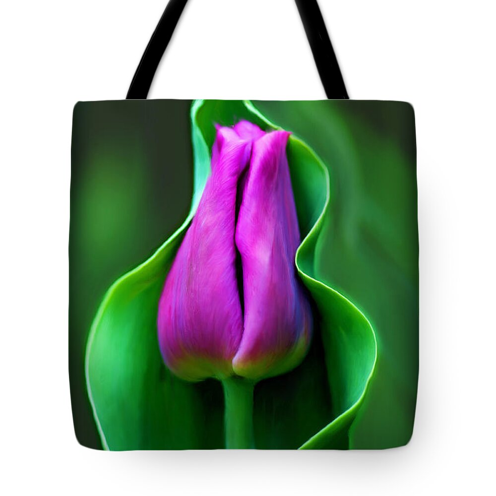 Tulip Tote Bag featuring the photograph Tulip Cradled In Leaf by Michelle Joseph-Long