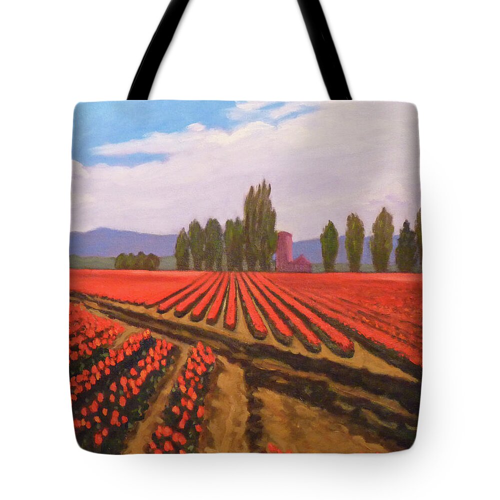 Landscape Tote Bag featuring the painting Tulip Farm by Stan Chraminski