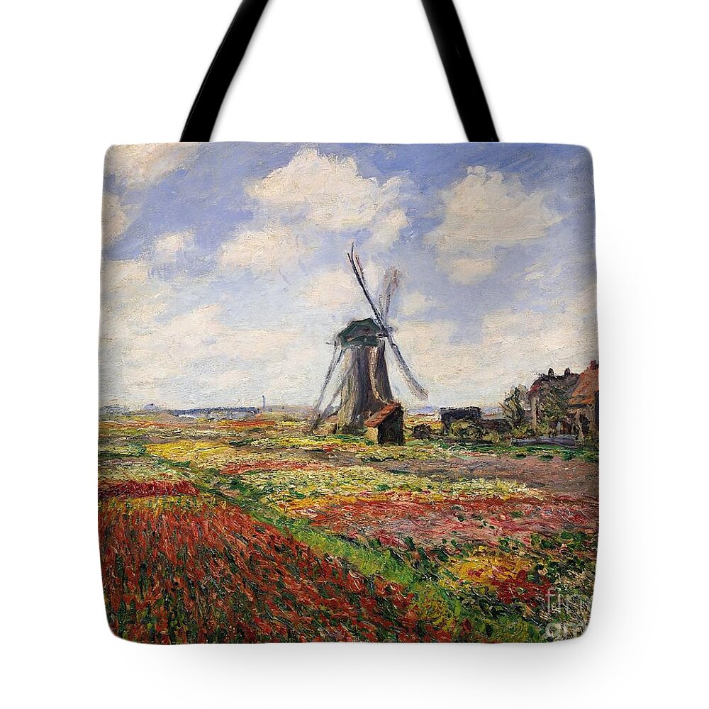#faatoppicks Tote Bag featuring the painting Tulip Fields with the Rijnsburg Windmill by Claude Monet
