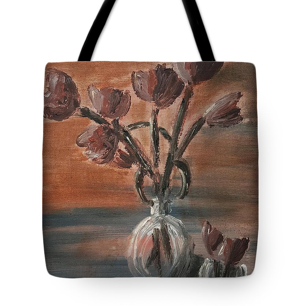 Tulip Flowers Tote Bag featuring the painting Tulip flowers bouquet in two round water filled small globe shaped vases on a table still life of bo by MendyZ