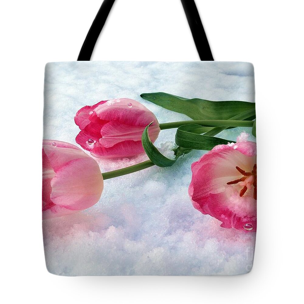 Tulips Tote Bag featuring the pyrography Tulips in Snow by Morag Bates