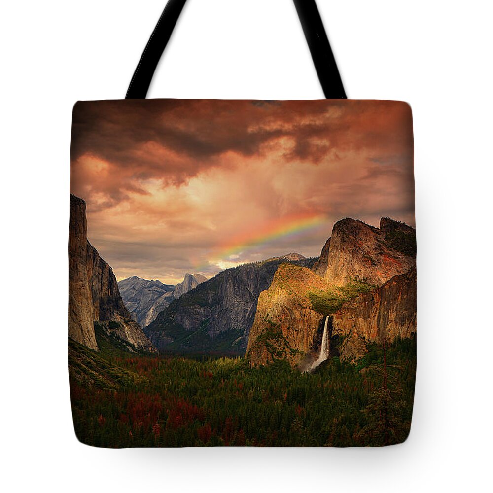 Tunnel View Tote Bag featuring the photograph Tunnel View Rainbow by Raymond Salani III