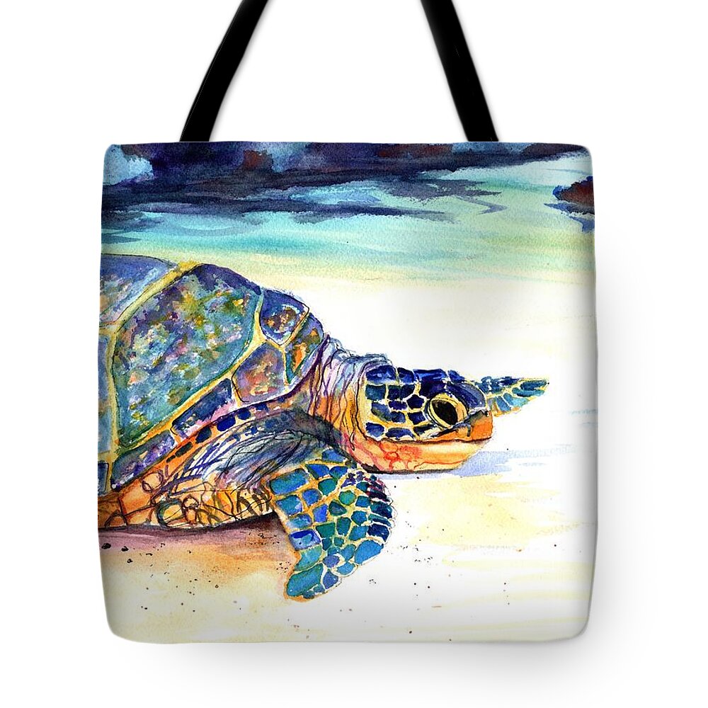 Sea Turtle Tote Bag featuring the painting Turtle at Poipu Beach 2 by Marionette Taboniar