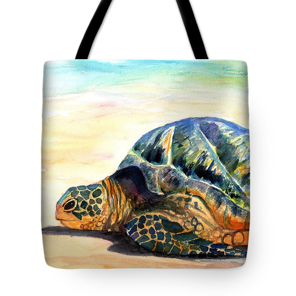 Green Sea Turtle Tote Bag featuring the painting Turtle at Poipu Beach 8 by Marionette Taboniar