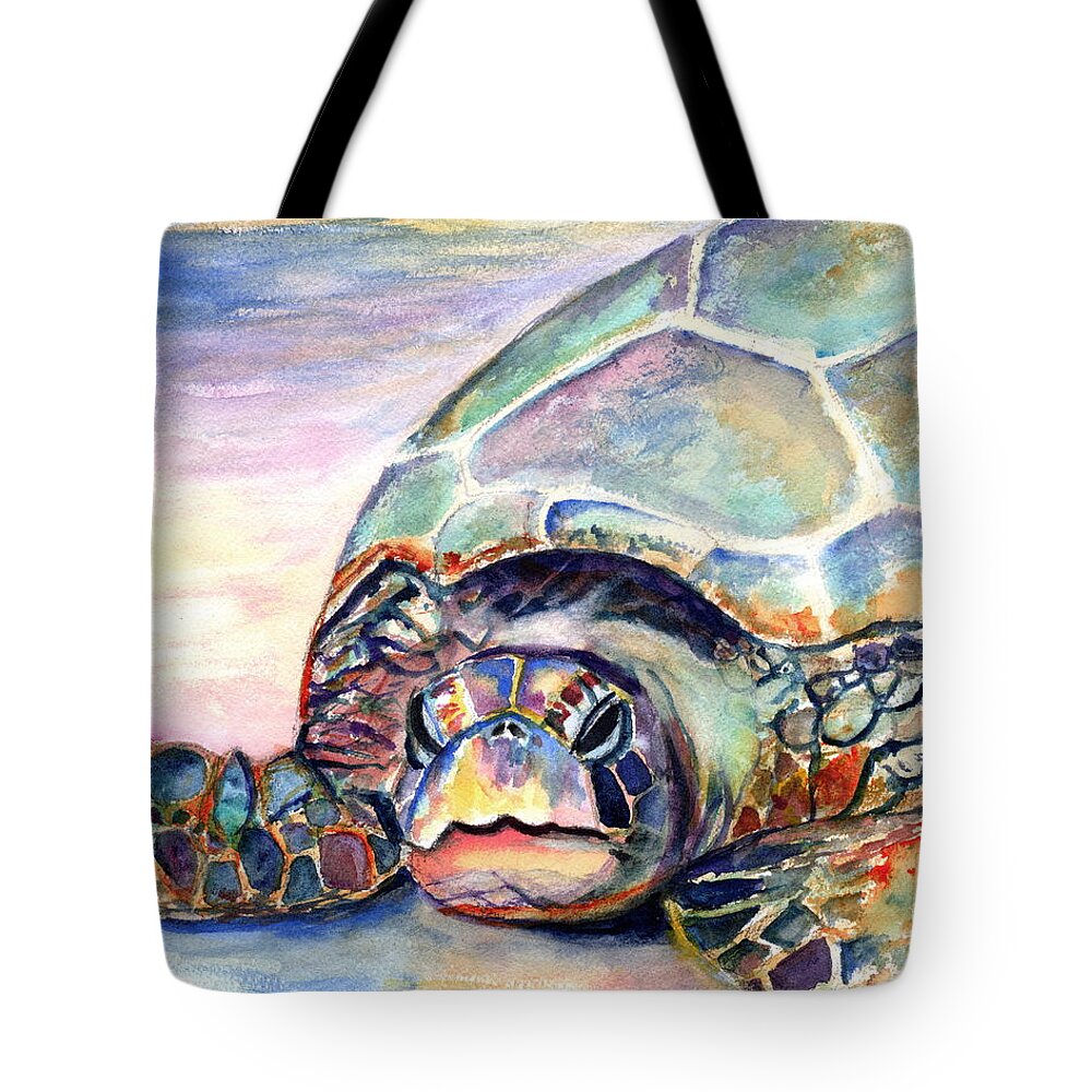 Turtle Tote Bag featuring the painting Turtle at Poipu Beach by Marionette Taboniar