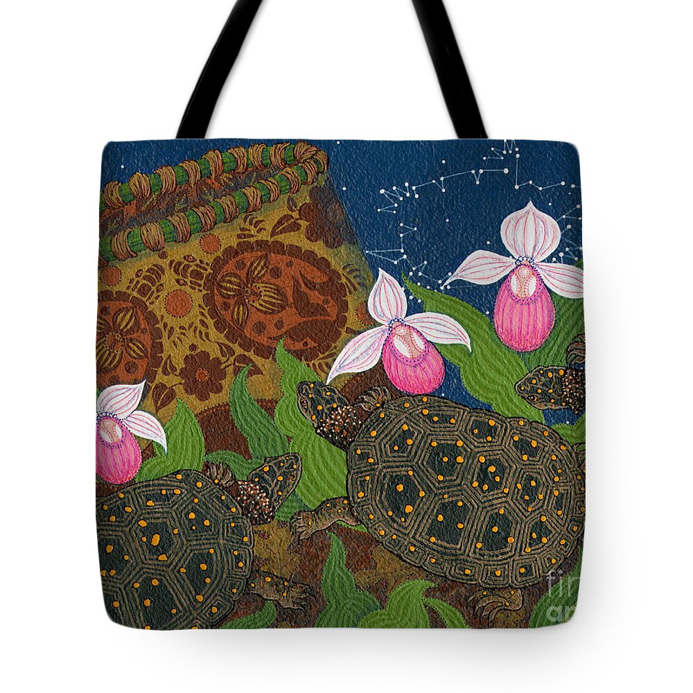 American Indian Paintings Tote Bag featuring the painting Turtle - Mihkinahk by Chholing Taha