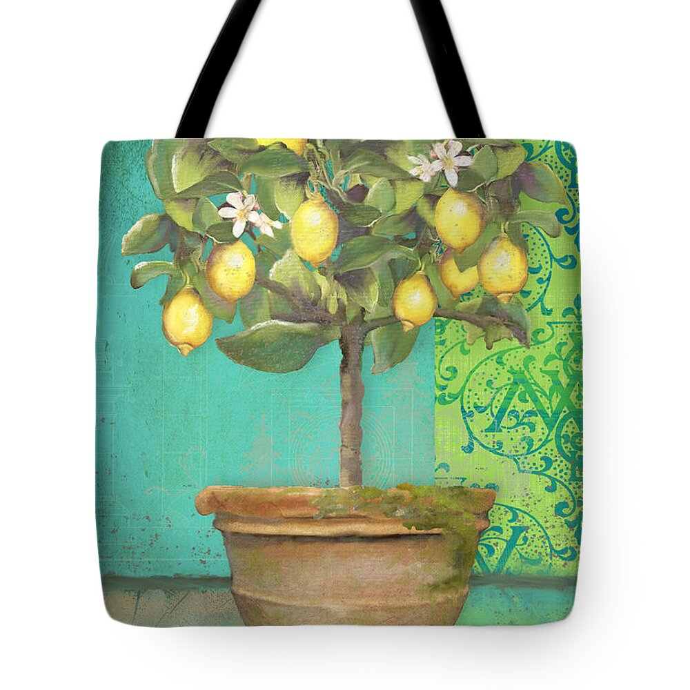 Tuscan Tote Bag featuring the painting Tuscan Lemon Topiary - Damask Pattern 1 by Audrey Jeanne Roberts