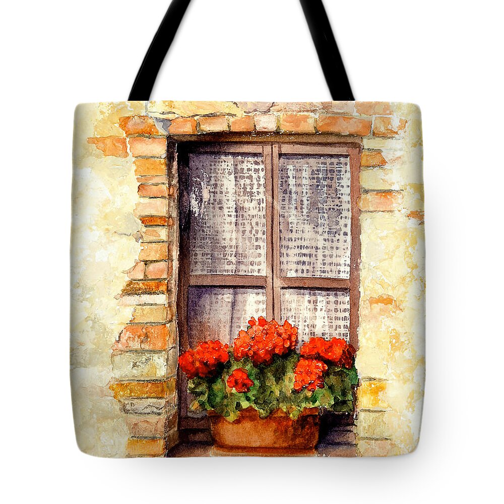 Tuscany Tote Bag featuring the painting Tuscan Window by Bonnie Rinier