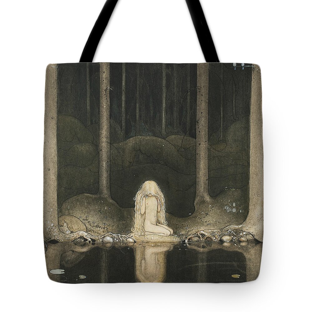 Swedish Art Tote Bag featuring the painting Tuvstarr is Still Sitting There Wistfully Looking into the Water by John Bauer