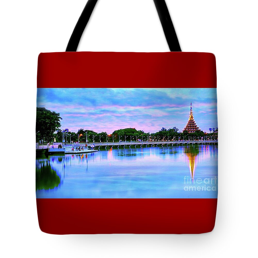 Landscape Tote Bag featuring the digital art Twilight City Lake View by Ian Gledhill