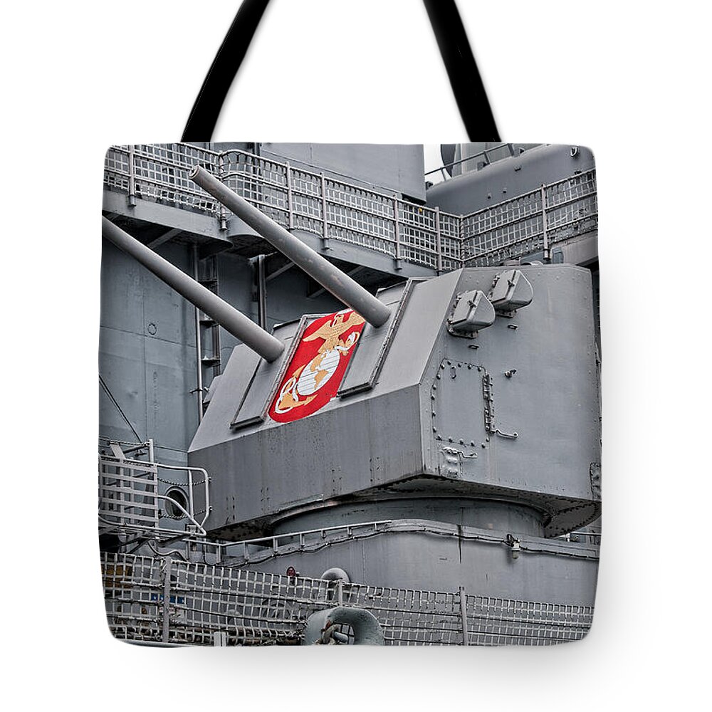 Uss Wisconsin Tote Bag featuring the photograph Twin Fives by Christopher Holmes