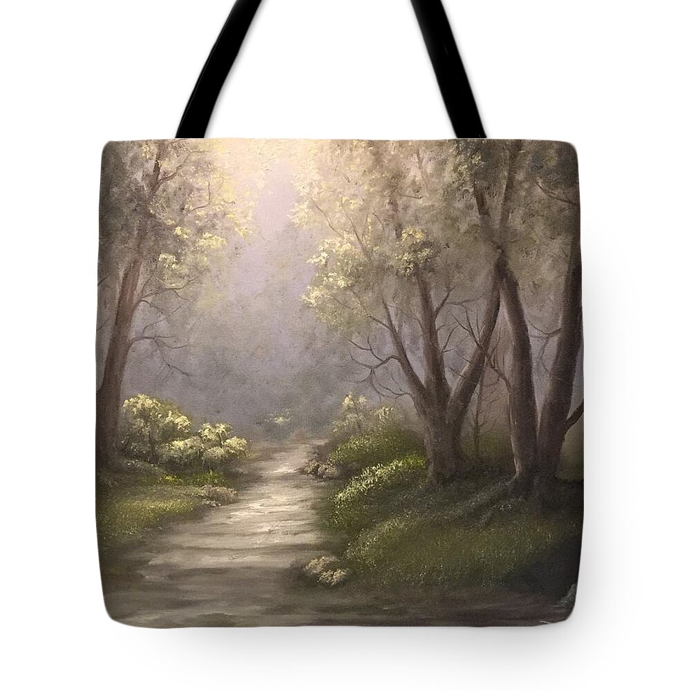Forrest. Sunday's Path Water Stream Trees Oak Tree Light Magical Heavenly Deep Forest Tote Bag featuring the painting Twin oaks by Justin Wozniak
