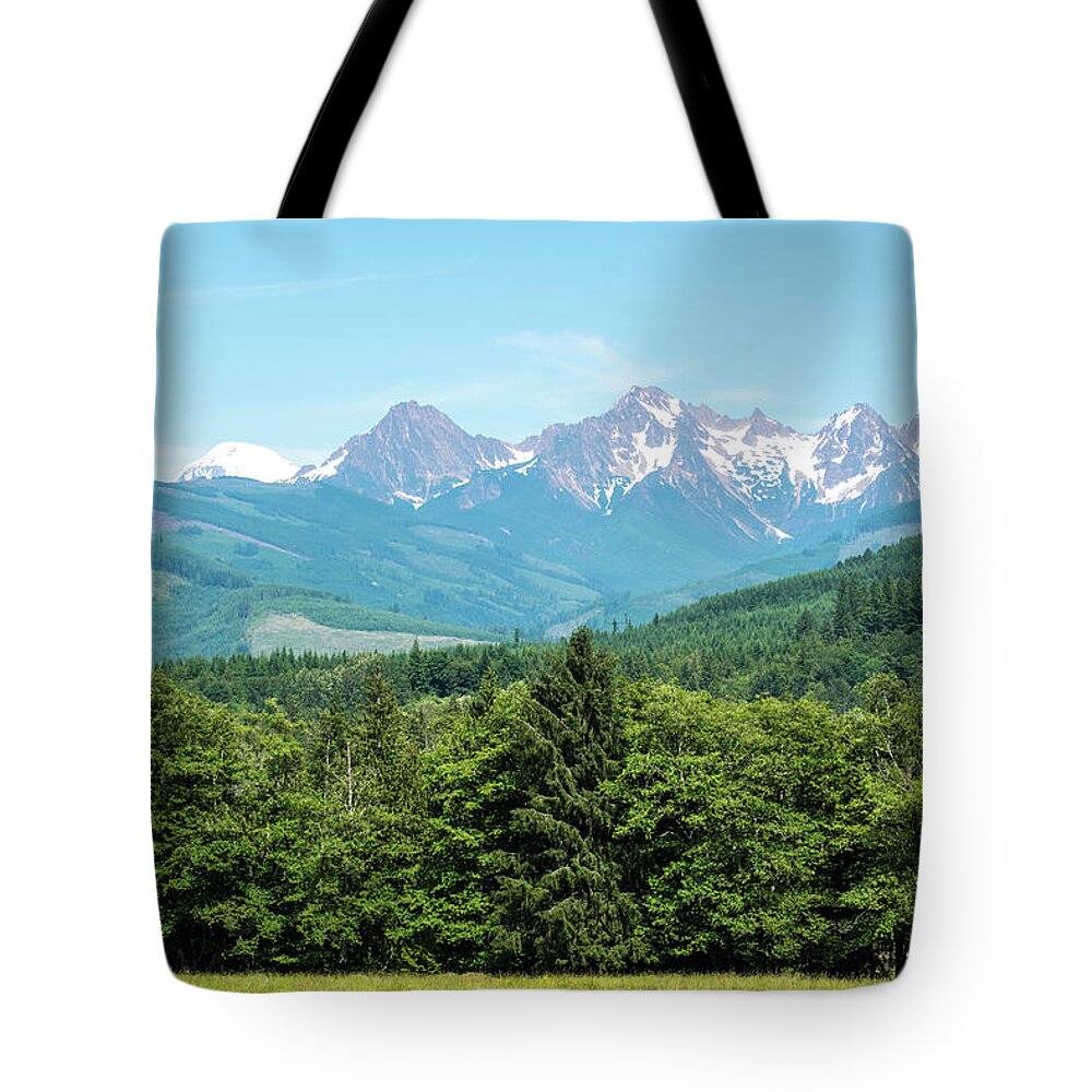 Twin Sisters And Mt Baker Peeking. Pull-off Tote Bag featuring the photograph Twin Sisters and Mt Baker Peeking by Tom Cochran