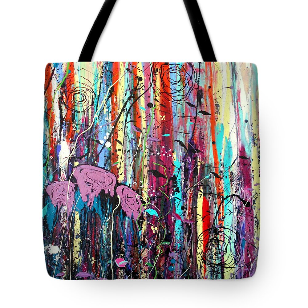 Large Paintings Tote Bag featuring the painting Twisted Urban Kinky Roses Detail by Angie Wright