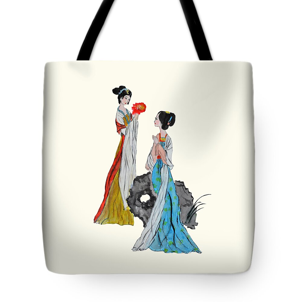 Painting Tote Bag featuring the painting Two ancient Chinese ladies by Color Color
