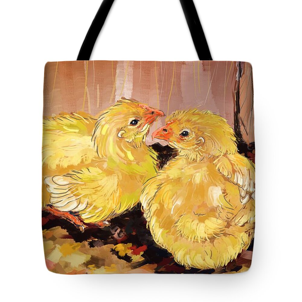 Animal Tote Bag featuring the digital art Two baby Cornish chicks by Debra Baldwin