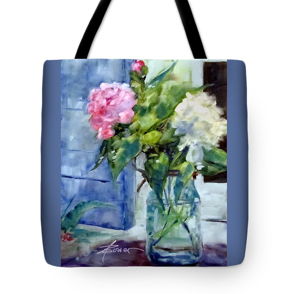 Flowers Tote Bag featuring the painting Two Beauties and A Bud by Adele Bower