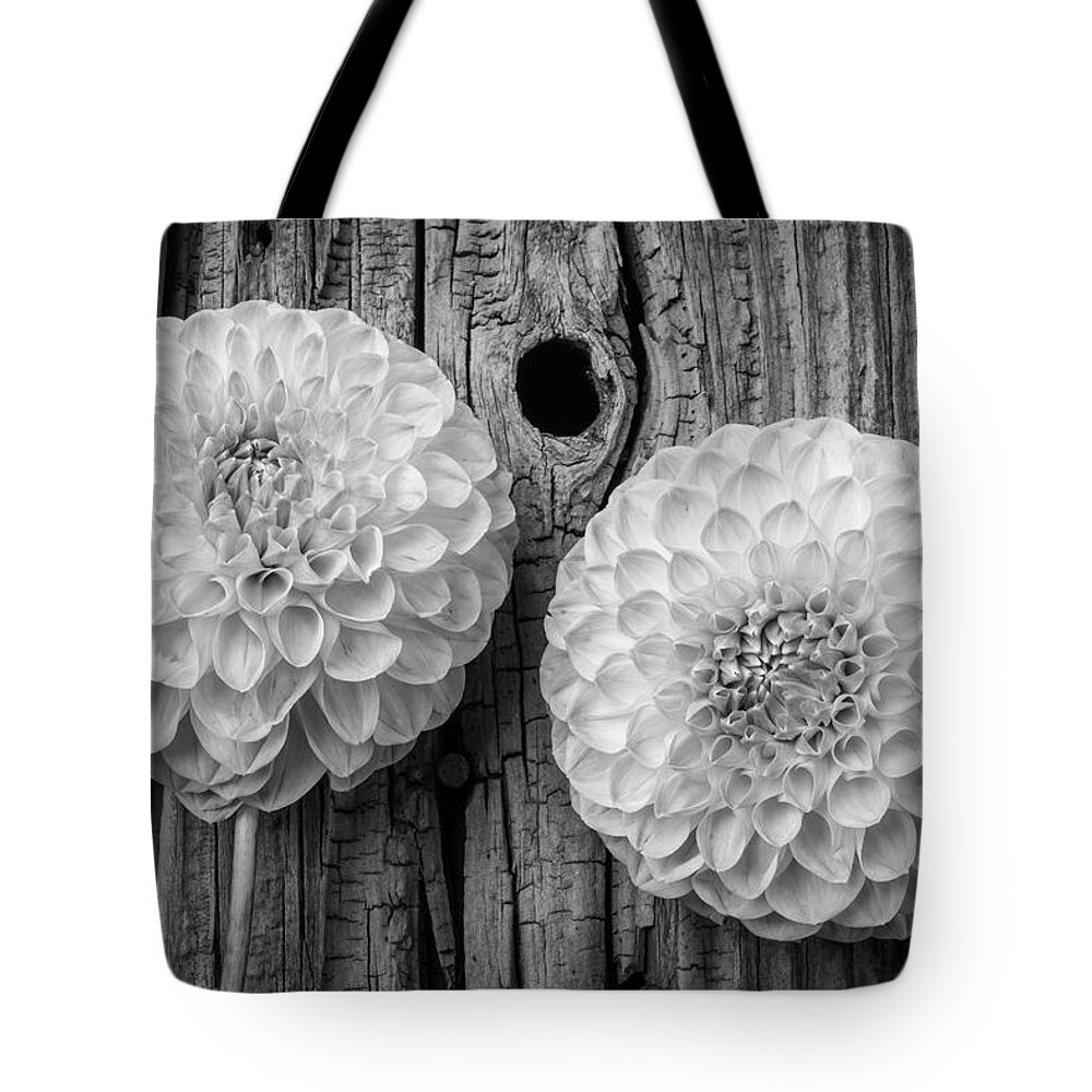 Large Tote Bag featuring the photograph Two Black And Whte Dahlias by Garry Gay