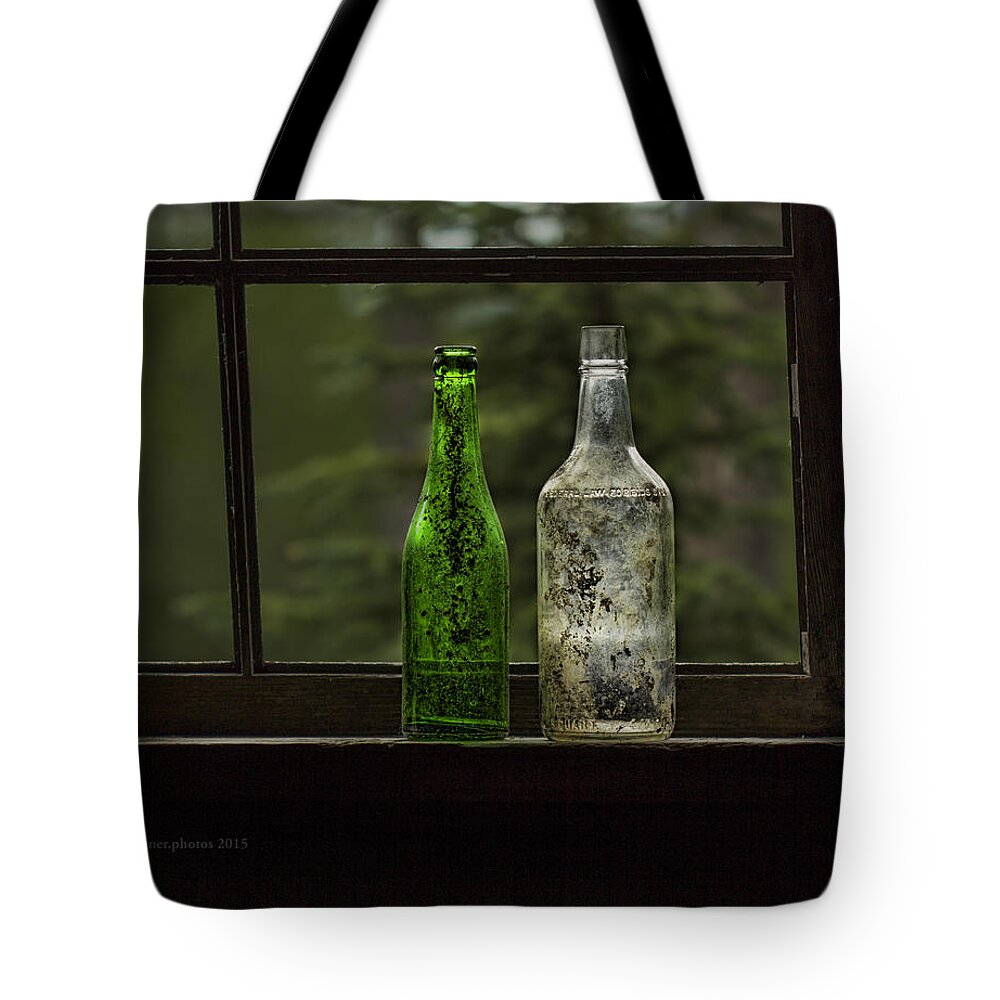Two Bottles In Window Tote Bag featuring the photograph Two Bottles In Window by Fred Denner
