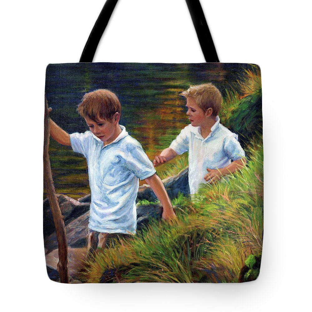 Farm Tote Bag featuring the painting Two Boys Hiking by Marie Witte
