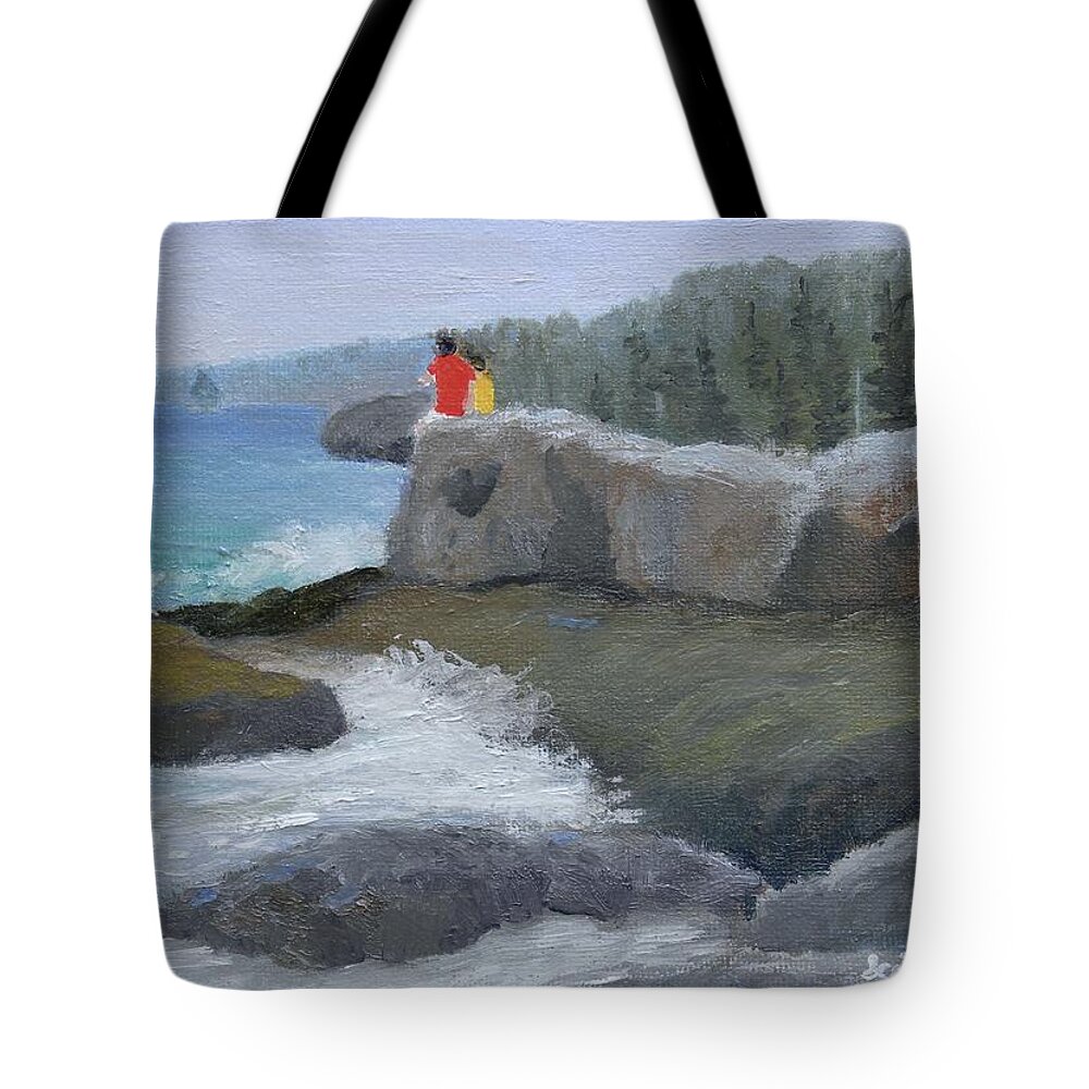 Seascape Ocean Landscape People Children Waves Rocks Maine Tote Bag featuring the painting Two Brothers by Scott W White