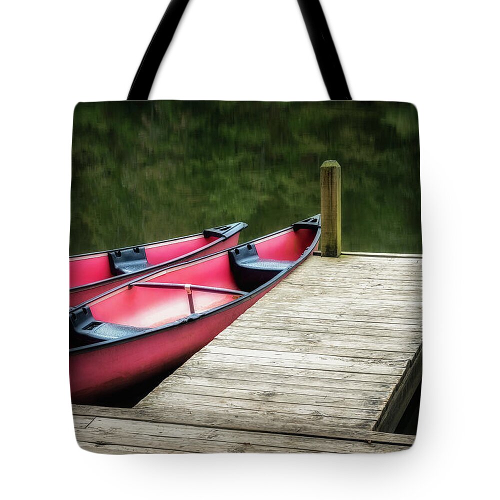 Devils Den Tote Bag featuring the photograph Two Canoes by James Barber