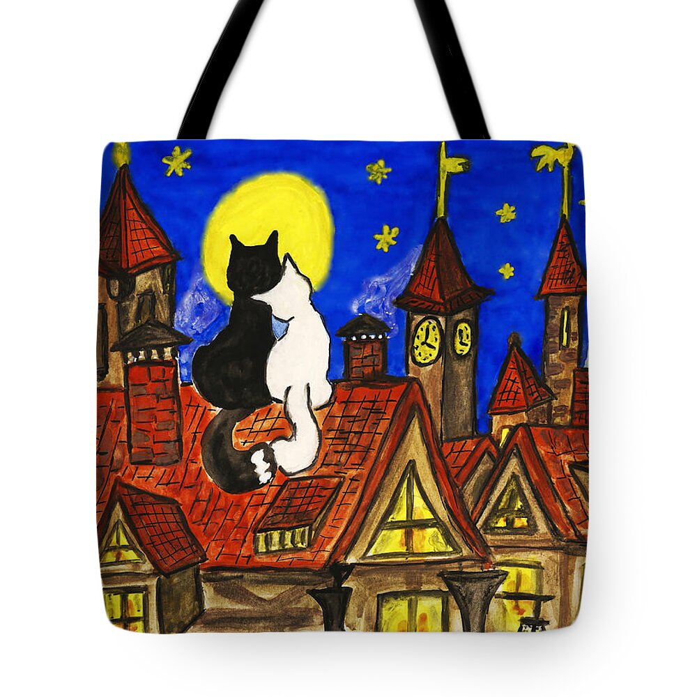 Animal Tote Bag featuring the painting Two cats on the roof by Irina Afonskaya