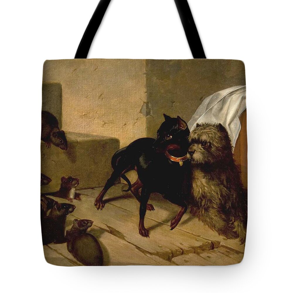 Two Dogs Cowering Before Rats Tote Bag featuring the painting Two Dogs Cowering before Rats by MotionAge Designs