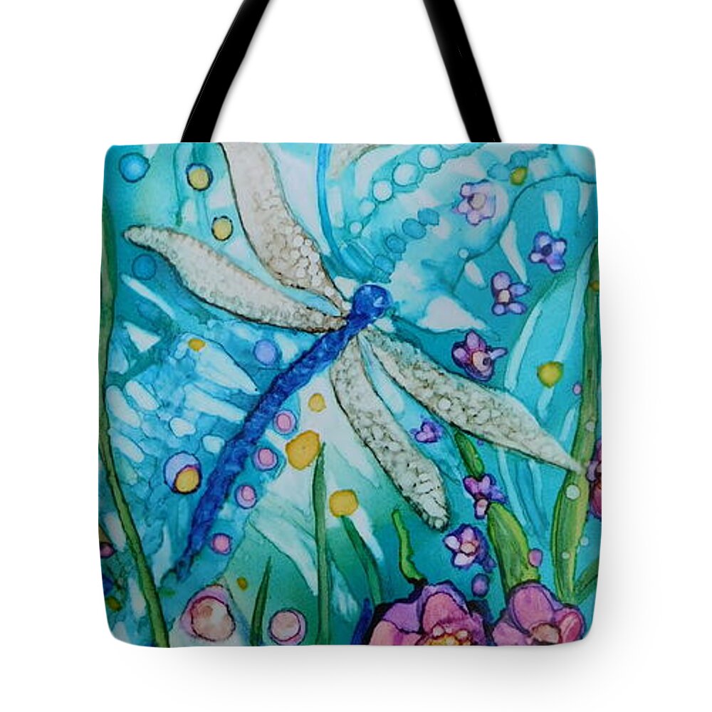Bold Painting Of Two Dragon Flies In An Imaginary Tote Bag featuring the painting Two Dragon Flies in Shades of Purple and Blue by Joan Clear