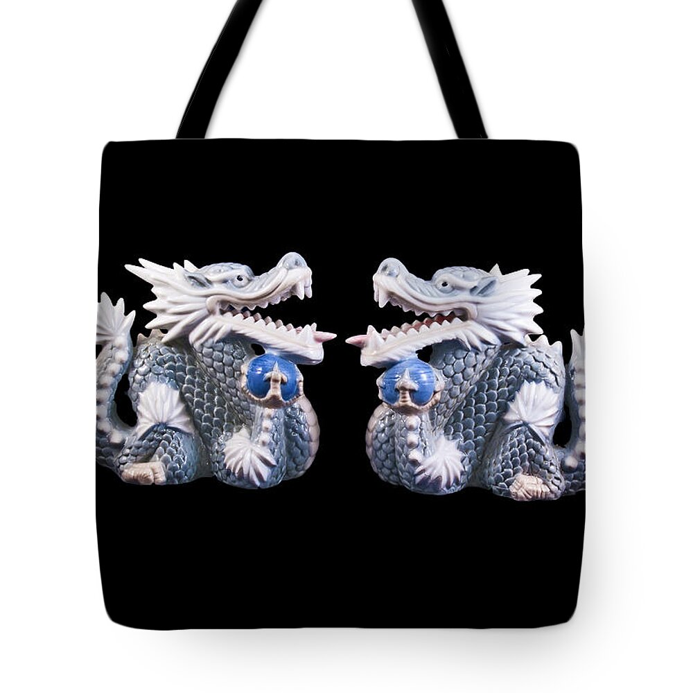 Dragon Tote Bag featuring the photograph Two dragons on Black by Bill Barber