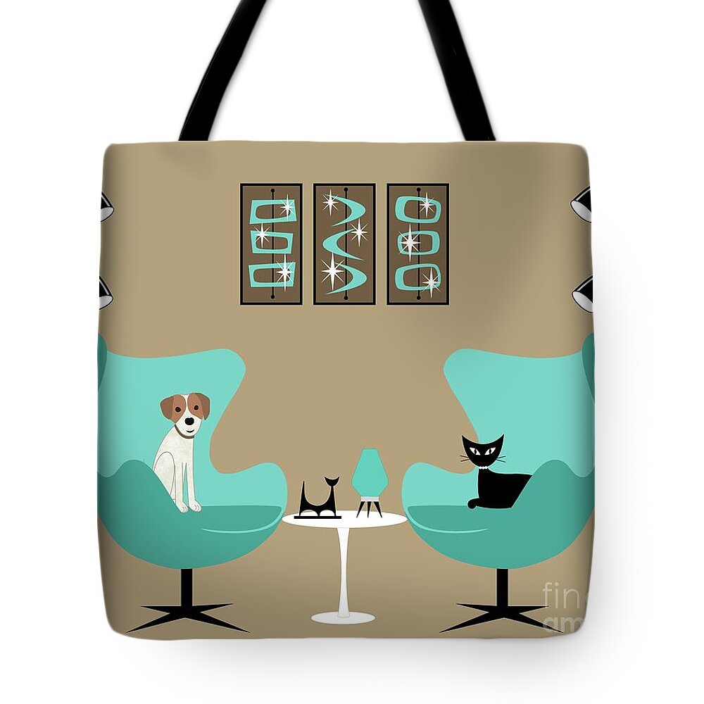 Mid Century Modern Tote Bag featuring the digital art Two Egg Chairs with Dog and Cat by Donna Mibus