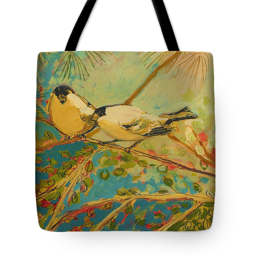 Bird Tote Bag featuring the painting Two Goldfinch Found by Jennifer Lommers