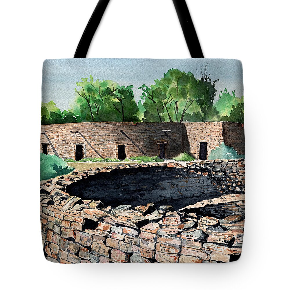 Tim Gordon Tote Bag featuring the painting Two Kivas Aztec Ruins by Timithy L Gordon