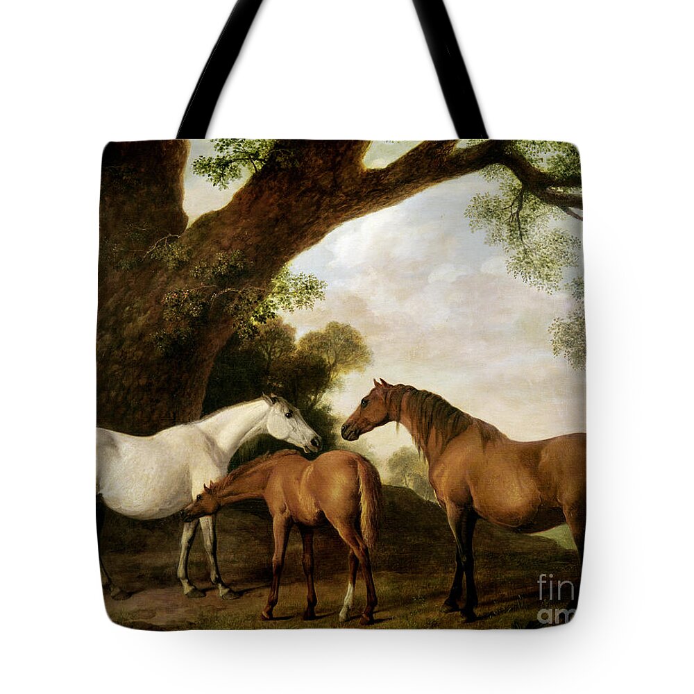 Two Tote Bag featuring the painting Two Mares and a Foal by George Stubbs