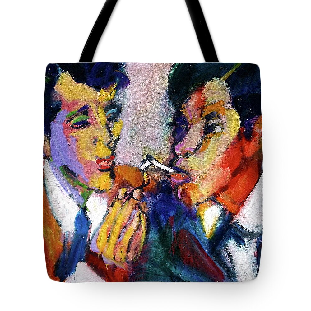 Portraits Tote Bag featuring the painting Two Men On A Match by Les Leffingwell