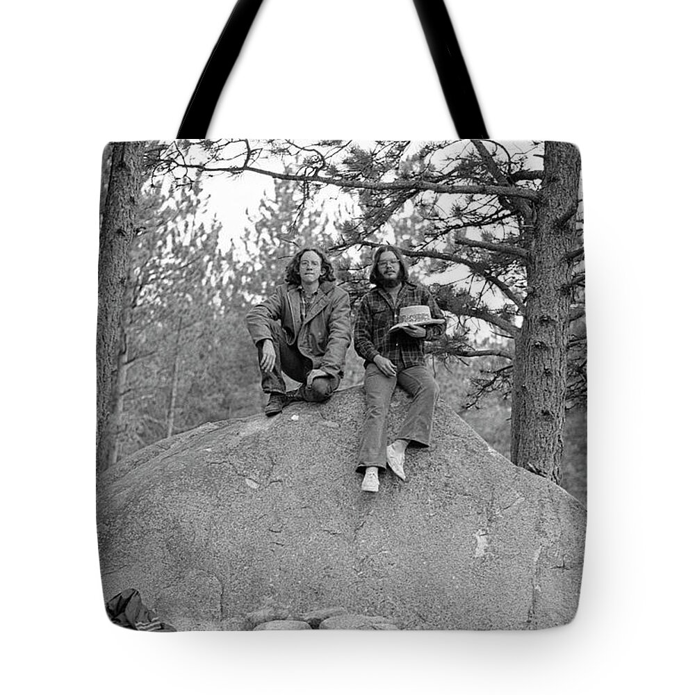 American West Tote Bag featuring the photograph Two Men on a Boulder in the American West, 1972 by Jeremy Butler